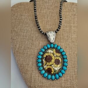 24-28" Turquoise & Sunflower 🌻 Vintage Style Cameo Pendant Necklace